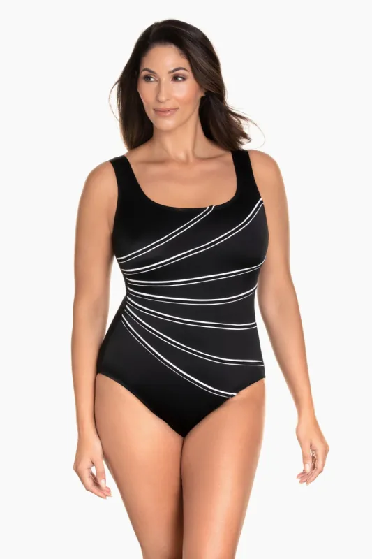 Backflips 7-Overlay Fan Tank Long Torso One Piece Swimsuit Colorblock sold by Longitude