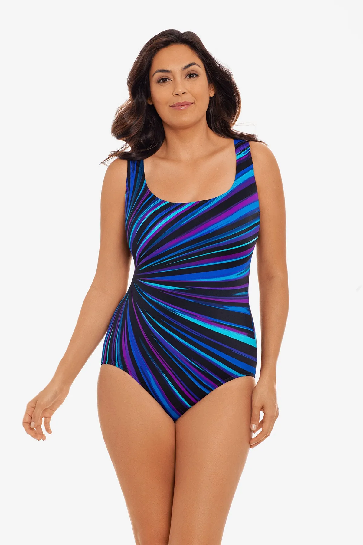 Panel Scoopneck Tank Long Torso One Piece Swimsuit Colorful Rays sold by Longitude