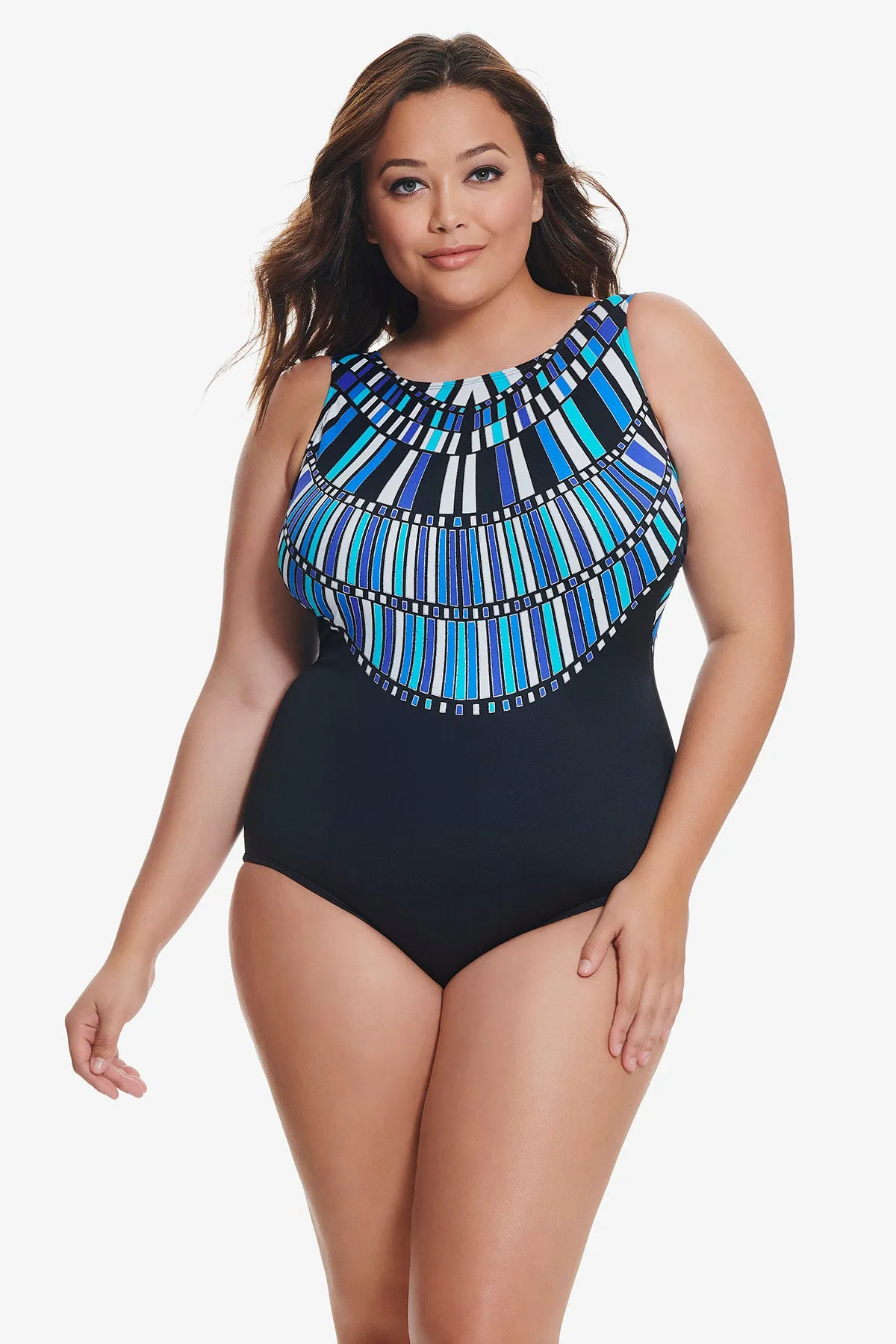 Plus Size Scoopback Highneck Long Torso One Piece Swimsuit Glitz And Glamour sold by Longitude