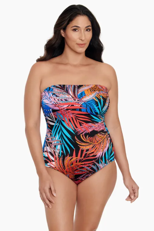 Side Shirred Bandeau Long Torso One Piece Swimsuit Jungle Boogie sold by Longitude