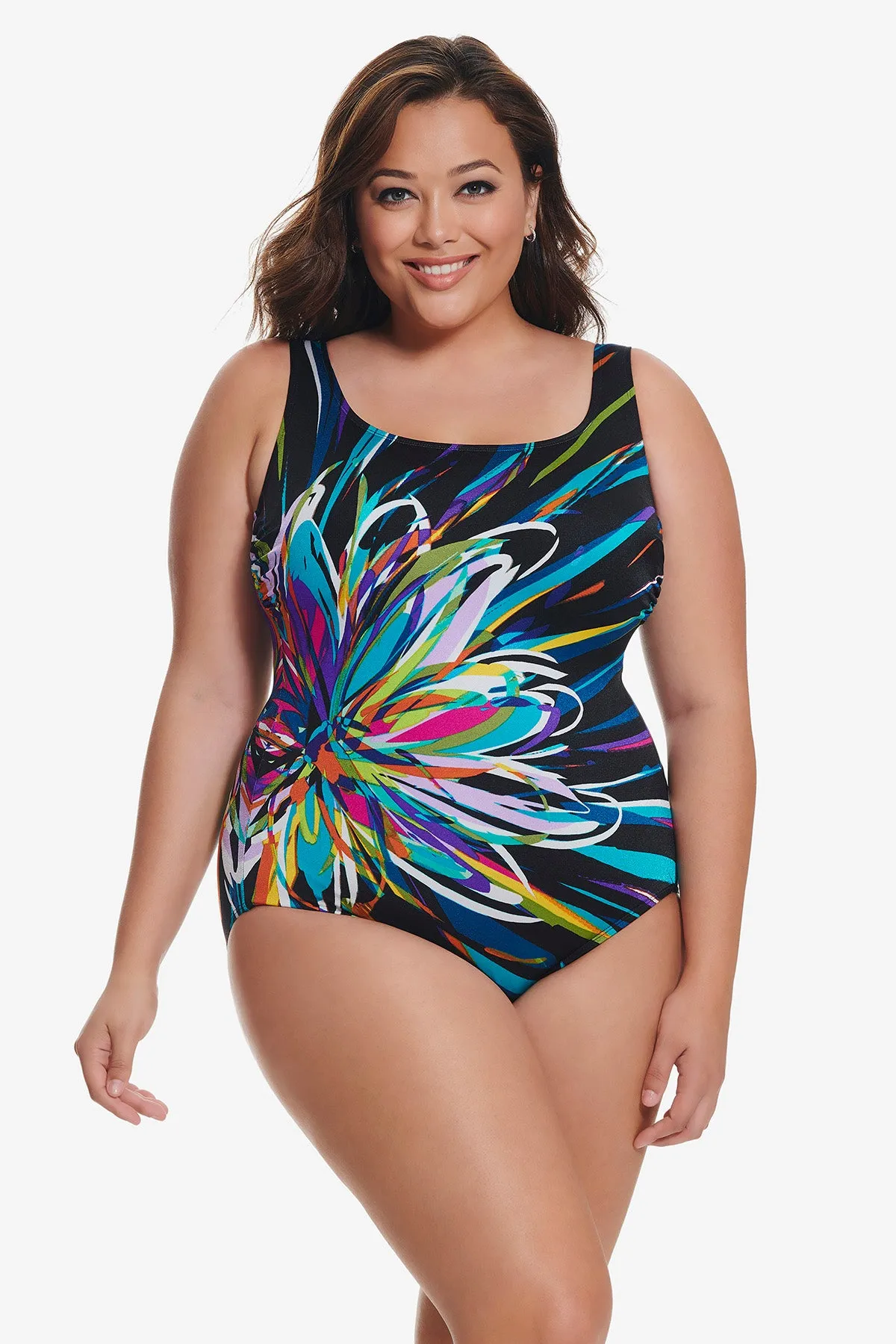 Plus Size Panel Scoopneck Tank Long Torso One Piece Swimsuit Floral Mayhem sold by Longitude