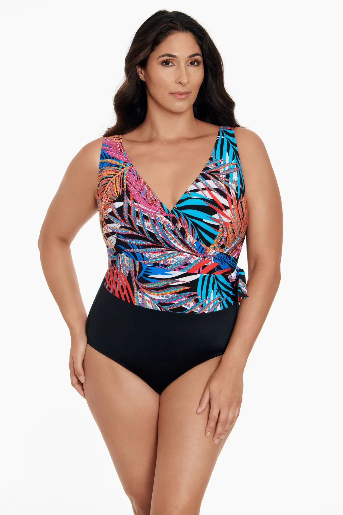 Long Torso Side Tie Draped Surplice One Piece - Jungle Boogie sold by Longitude