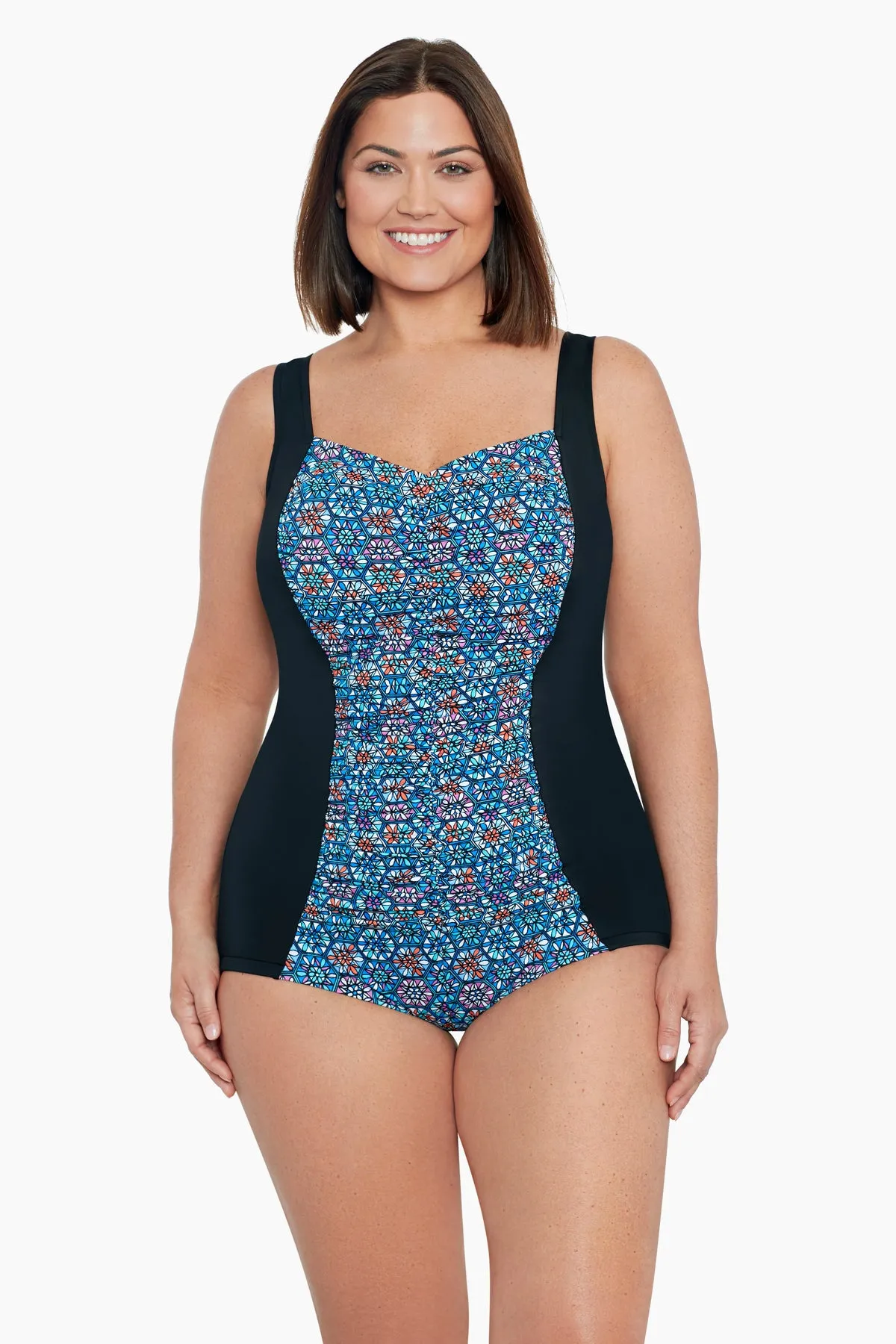Tile Play Plus Size Shirred Front Girl Leg One Piece sold by Longitude