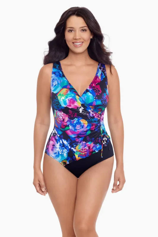 Long Torso Ruffle Surplice One Piece - Rose Trip sold by Longitude