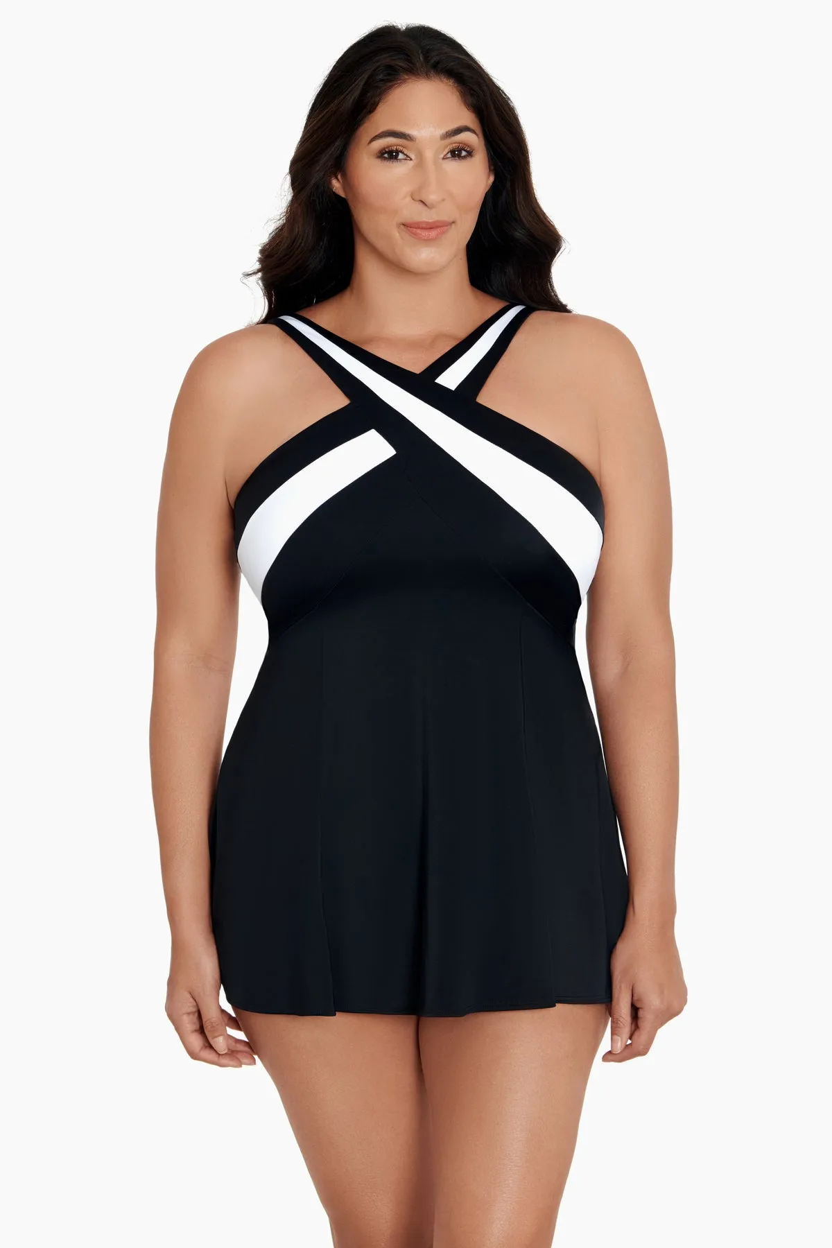 Long Torso Crossover Princess Seam Swim Dress - Private Party Black/White sold by Longitude