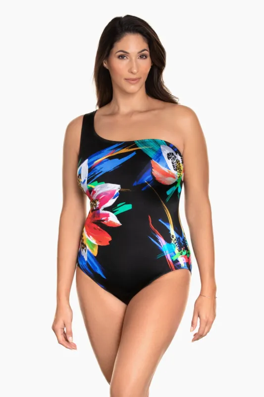 Panel Strappy One Shoulder Long Torso One Piece Swimsuit From Rio XO sold by Longitude
