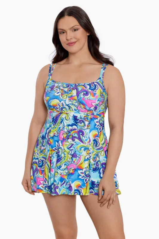 Long Torso Empire Princess Seam Swim Dress - Paisley Seas sold by Longitude