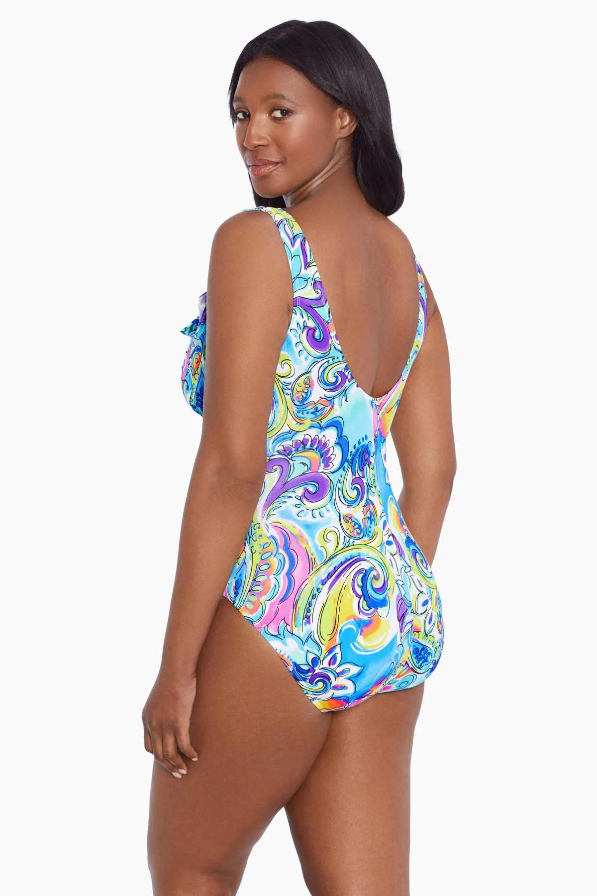Long Torso Ruffle Front Surplice One Piece - Paisley Seas sold by Longitude product image thumbnail 2