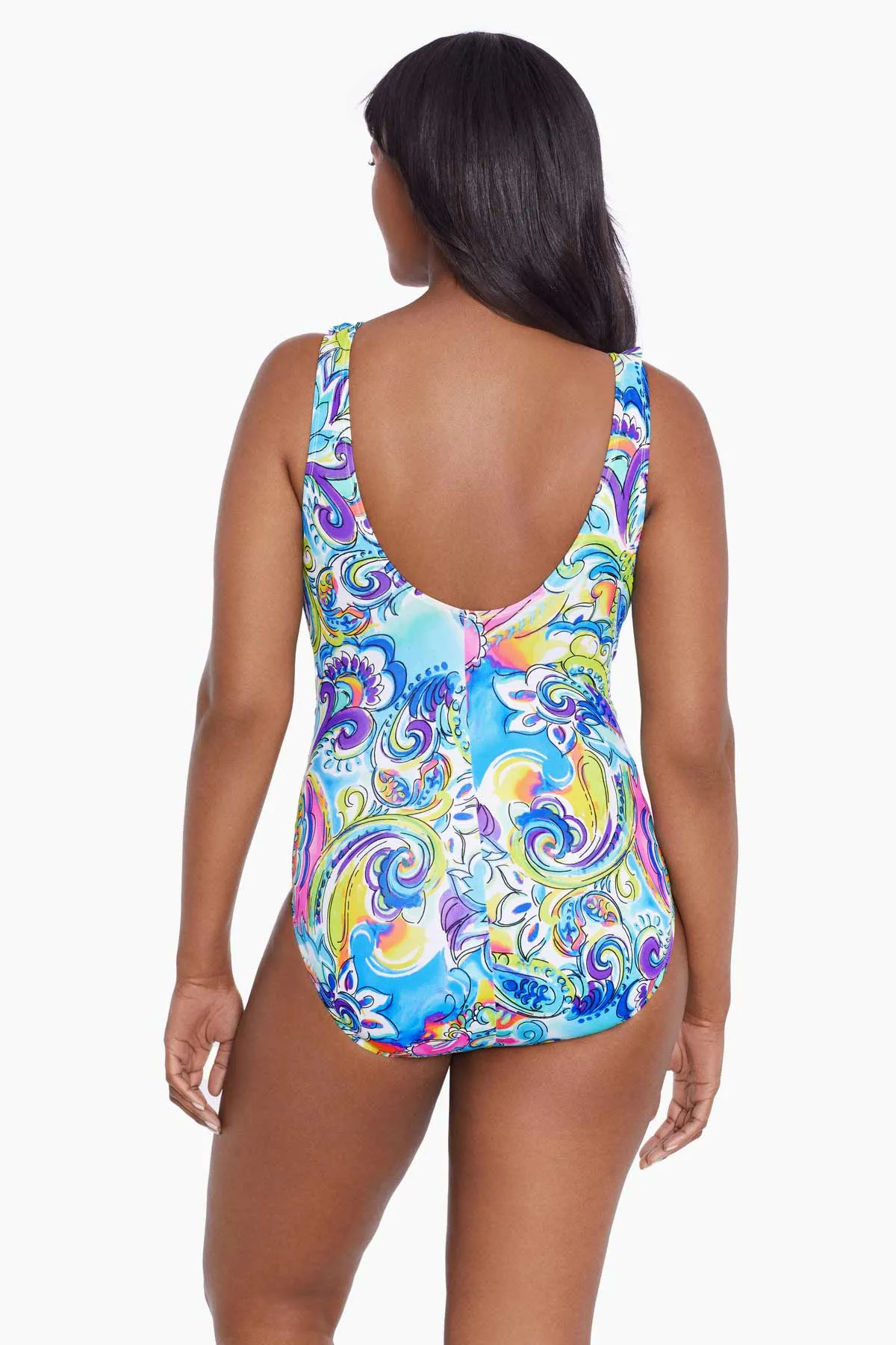 Long Torso Ruffle Front Surplice One Piece - Paisley Seas sold by Longitude product image thumbnail 3