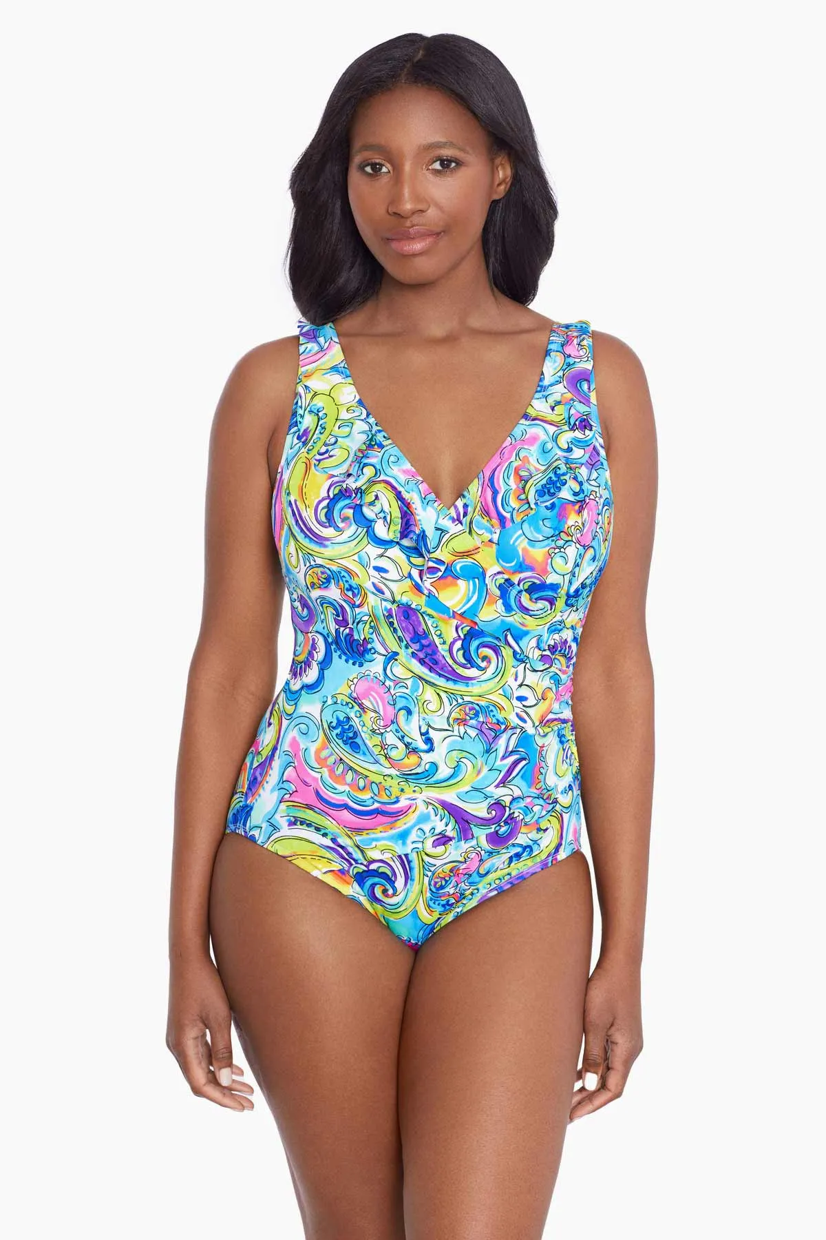 Long Torso Ruffle Front Surplice One Piece - Paisley Seas sold by Longitude