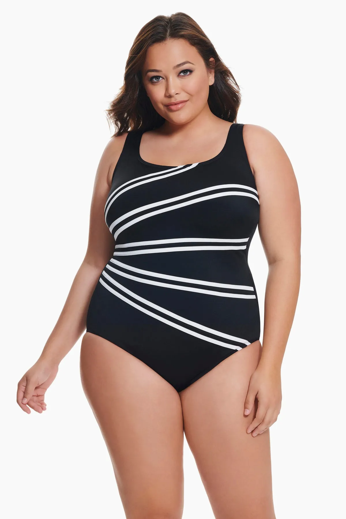 Plus Size Overlay Fan Tank Long Torso One Piece Swimsuit Colorblock sold by Longitude
