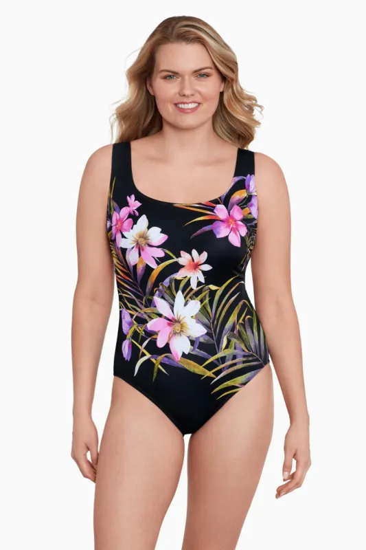 Long Torso Panel Scoopneck One Piece - Beach Corsage sold by Longitude