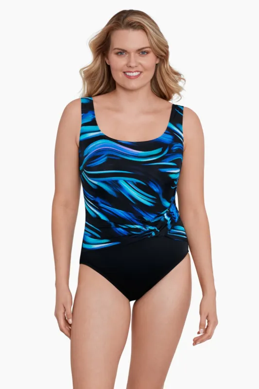 Long Torso Twist Pull Sash Tank One Piece - Landslide sold by Longitude