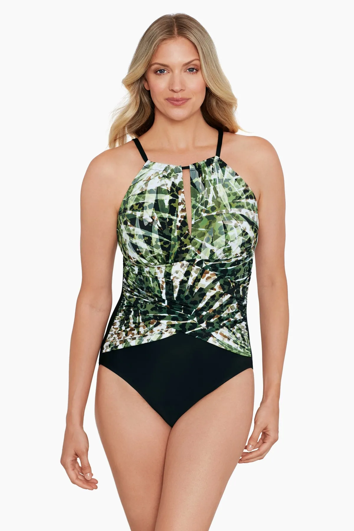 Draped High Neck Mio One Piece - Wild Leaf sold by Longitude