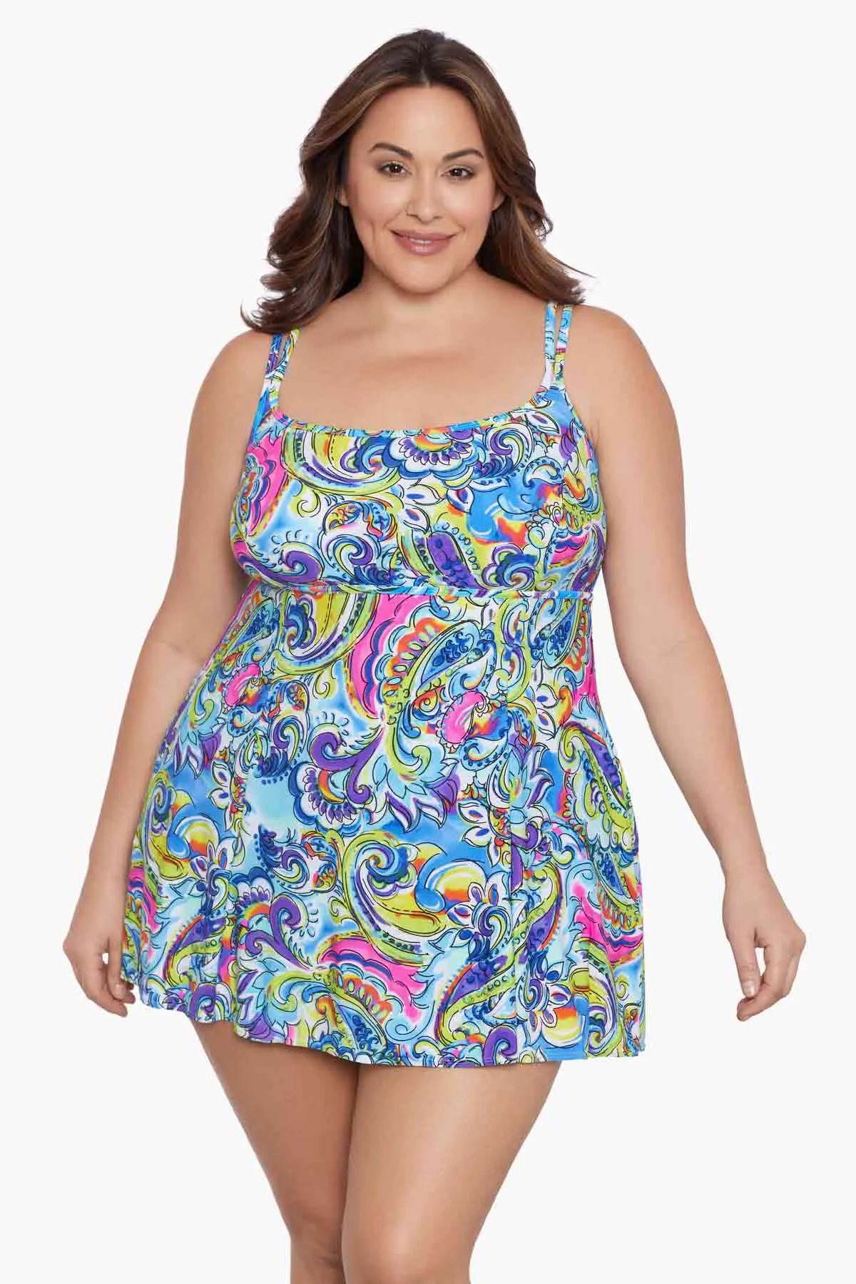 Plus Size Long Torso Empire Princess Seam Swim Dress - Paisley Seas sold by Longitude