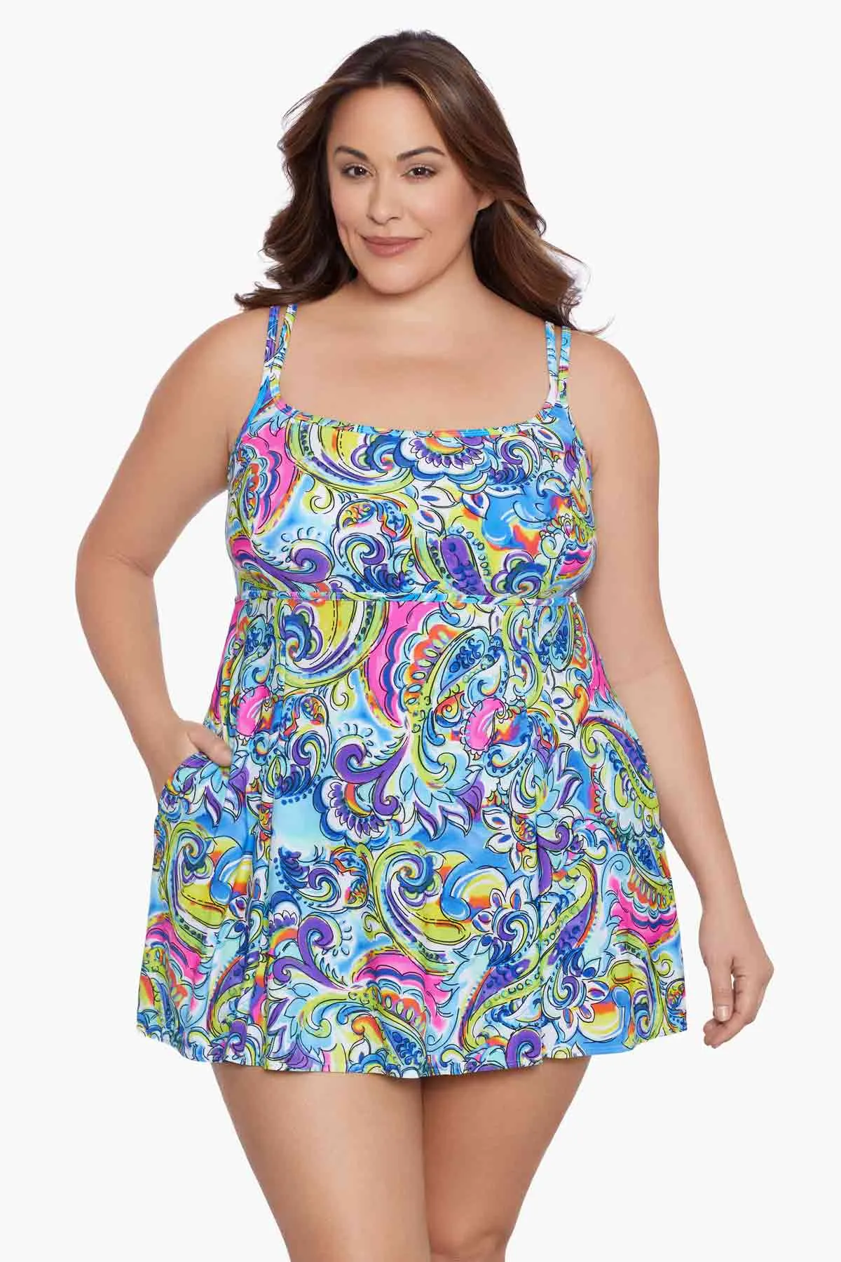 Plus Size Long Torso Empire Princess Seam Swim Dress - Paisley Seas sold by Longitude product image thumbnail 2