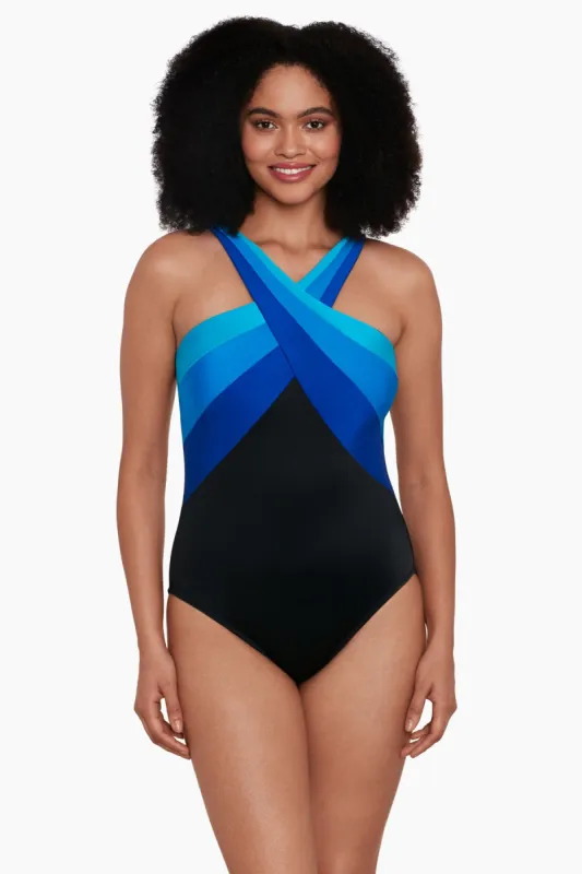 Long Torso Crossover Draped One Piece - Private Party Blue sold by Longitude