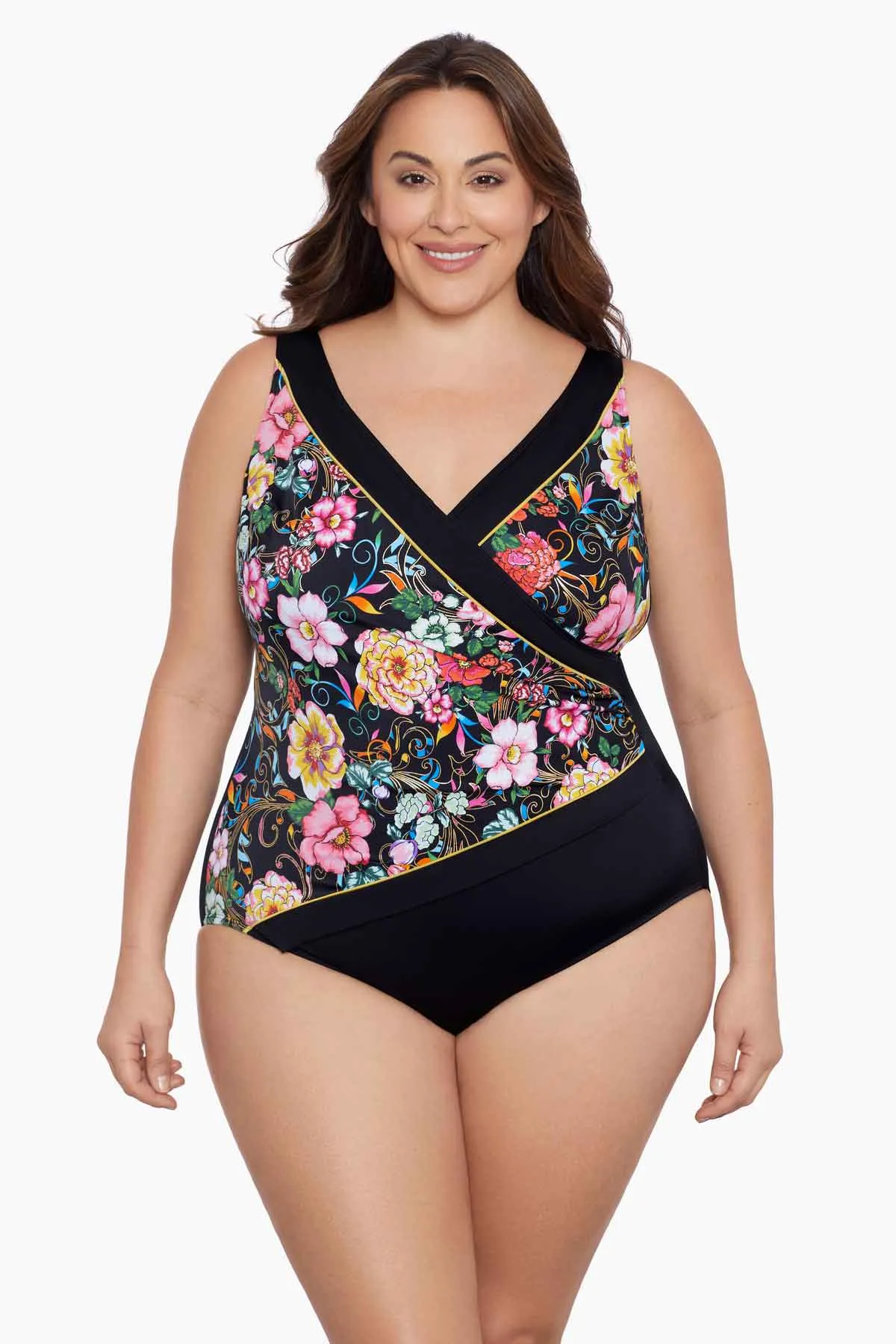 Plus Size Long Torso Piped Side Shirred Surplice One Piece - True Romance sold by Longitude