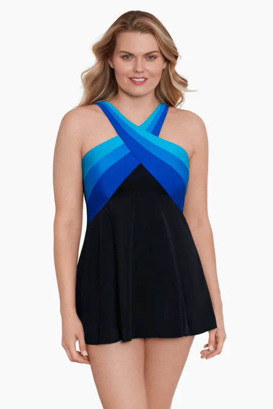 Long Torso Crossover Princess Seam Swim Dress - Private Party Blue made by Longitude