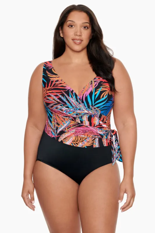 Plus Size Long Torso Side Tie Draped Surplice One Piece - Jungle Boogie sold by Longitude