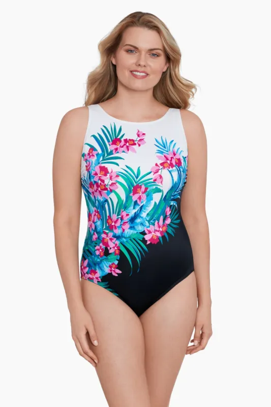 Long Torso Panel Scoopback Highneck One Piece - Fiji Isle sold by Longitude