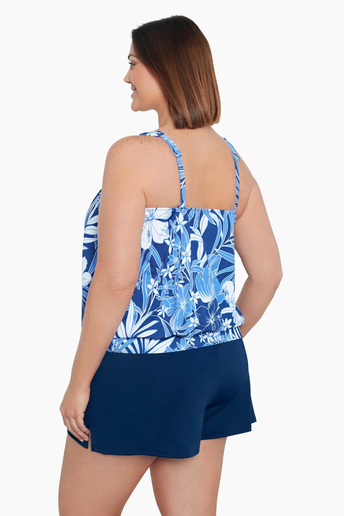 Plus Size Shirred Neck Blouson Tankini Top - In My Blues sold by Longitude product image thumbnail 2