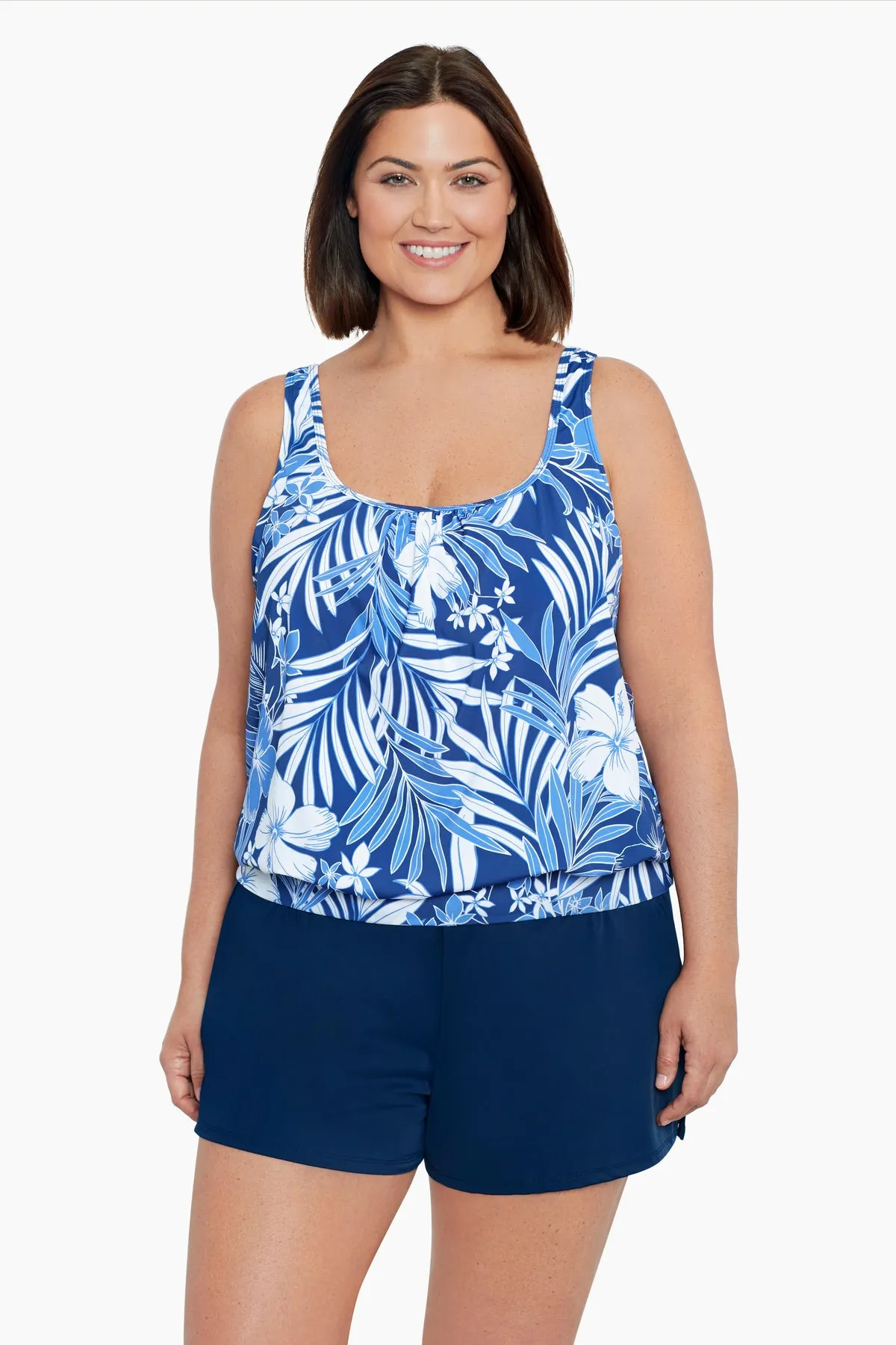 Plus Size Shirred Neck Blouson Tankini Top - In My Blues sold by Longitude
