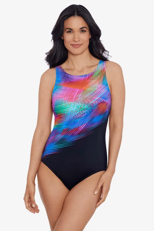 High Neck Tank One Piece Swimsuit Prismatic Crosshatch sold by Longitude