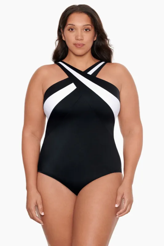 Plus Size Long Torso Crossover Inset One Piece - Private Party sold by Longitude