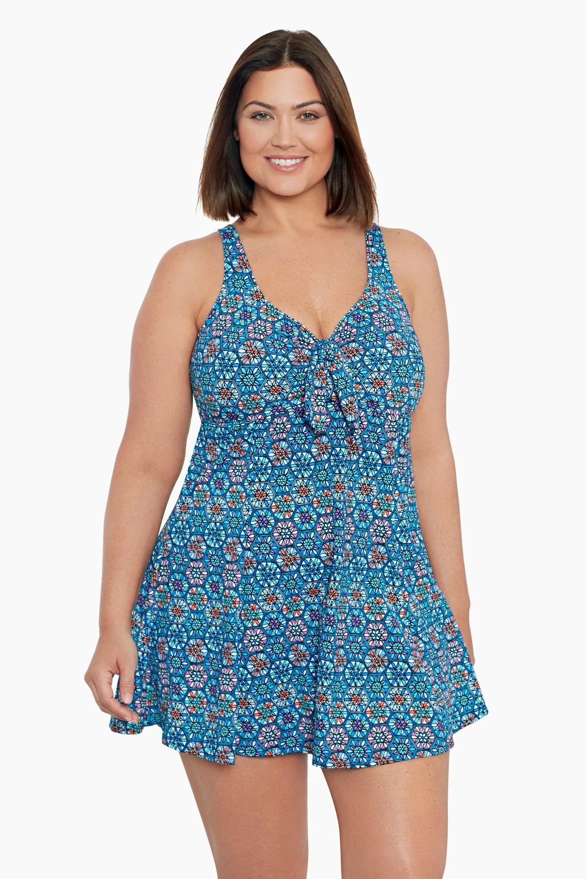 Plus Size Bow Front Swim Dress - Tile Play sold by Longitude