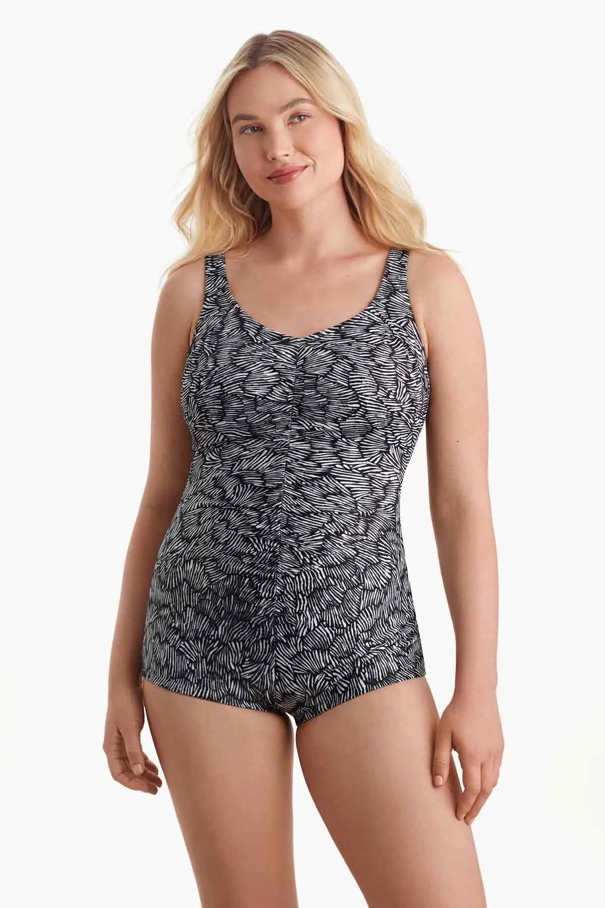 Spa Retreat  Shirred Front Girl Leg Tank One Piece - Black White sold by Longitude
