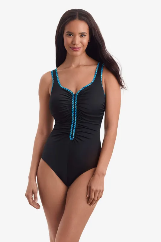 Shirred Zipper Tank One Piece - Turquoise Blue Laser Stars sold by Longitude