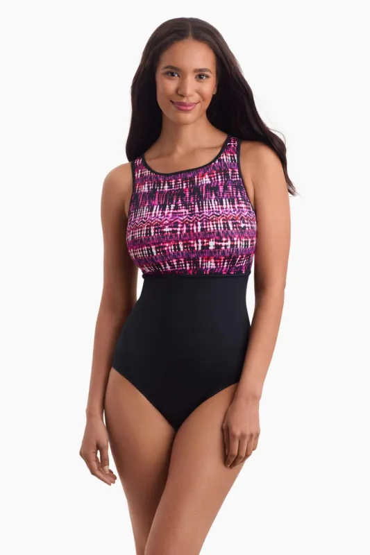 Binded Highneck Tank One Piece - Coral Tribal Stripe sold by Longitude