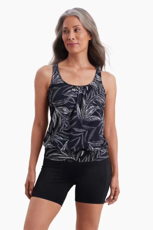 Shirred Neck Blouson Tankini Top - Leaf Encounter sold by Longitude