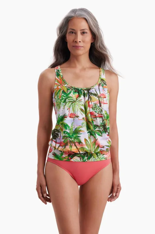 Shirred Neck Blouson Tankini Top - Fancy Flamingo sold by Longitude
