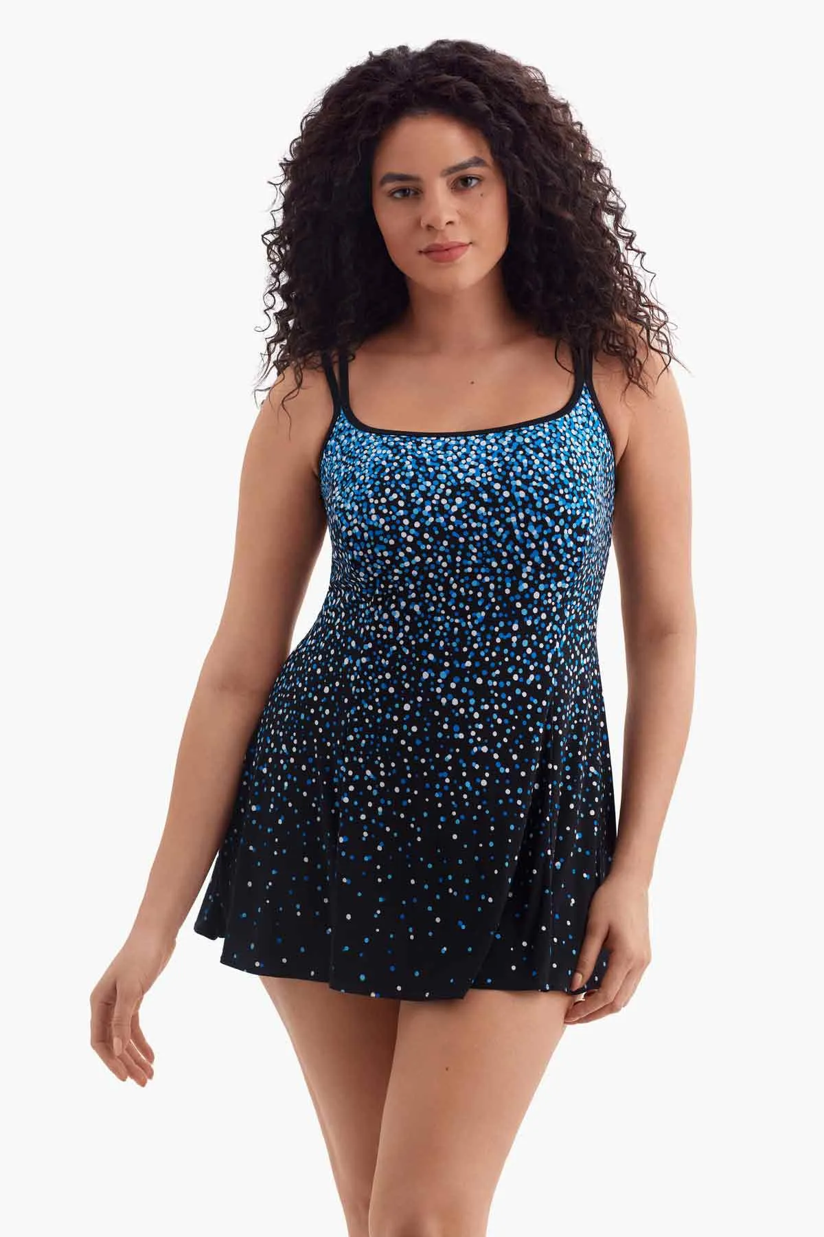 Plus Size Long Torso Empire Princess Seam Swim Dress - Blue Sprinkles sold by Longitude