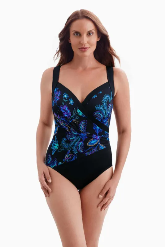 Long Torso Piped Side Shirred Surplice One Piece - Majorelle Garden sold by Longitude