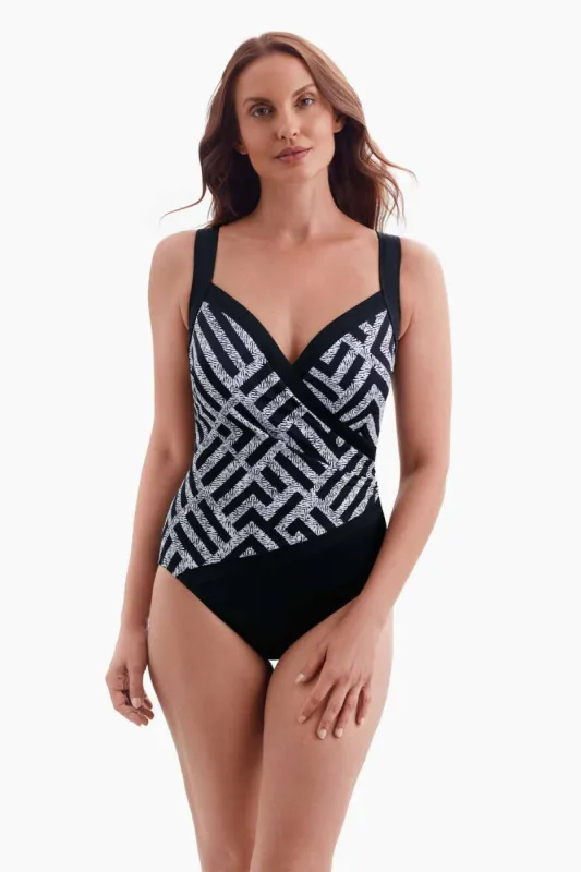 Long Torso Piped Side Shirred Surplice One Piece - Amazing sold by Longitude