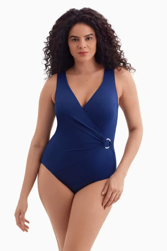 Plus Size Long Torso O Ring Surplice One Piece - Solidtude Navy sold by Longitude