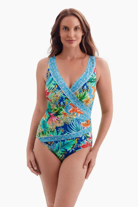 Long Torso Piped Side Shirred Surplice One Piece - Boca Raton sold by Longitude