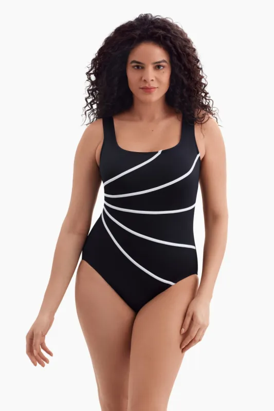 Modern Leg Plus Size Long Torso Fan Tank One Piece - Black/White Solidtude sold by Longitude