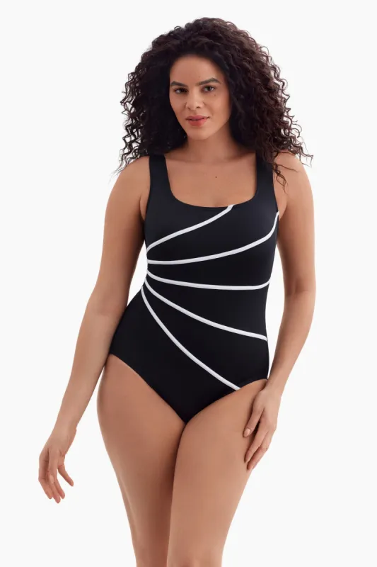 Plus Size Long Torso Fan Tank One Piece - Black/White Solidtude sold by Longitude