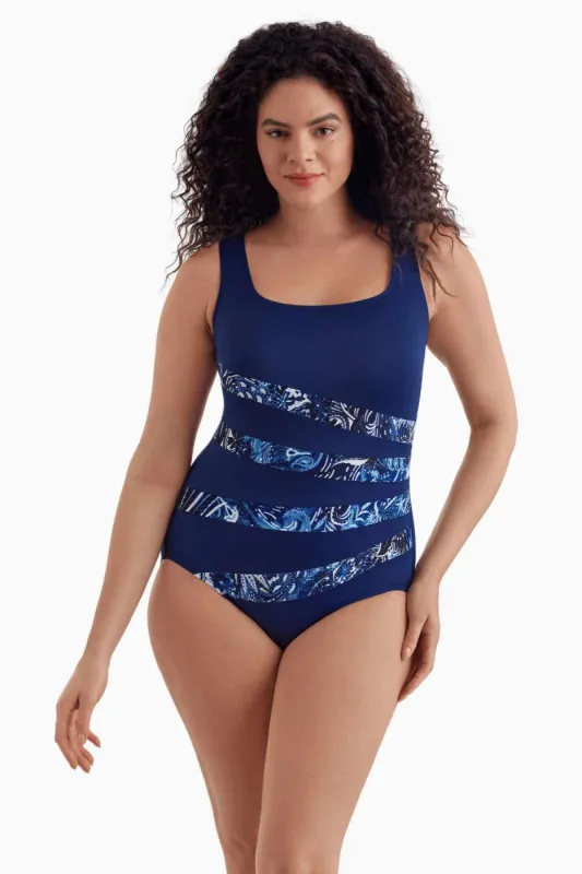Plus Size Long Torso Fan Tank One Piece - Paisley Garden sold by Longitude