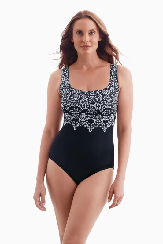 Plus Size Long Torso Double X Back One Piece - Garland Edge sold by Longitude