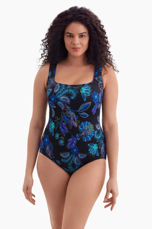 Extra Long Torso Plus Size Butterfly Back One Piece - Majorelle Garden sold by Longitude