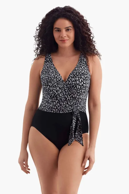 Plus Size Long Torso Belted Surplice One Piece - Paper Mache sold by Longitude