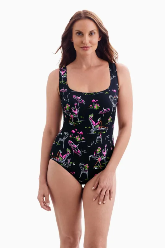 Long Torso Triple X Back One Piece - Flamingo Hotel sold by Longitude