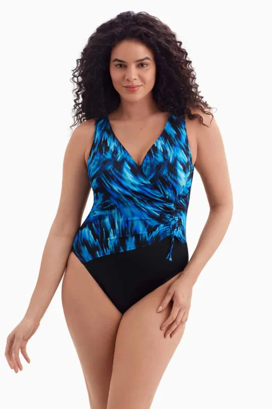Extra Long Torso Shirred Faux Tie Surplice One Piece - Summer Waves sold by Longitude