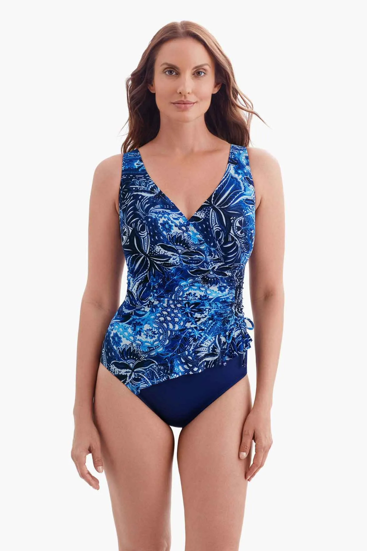 Long Torso Ruffle Surplice One Piece - Paisley Garden sold by Longitude