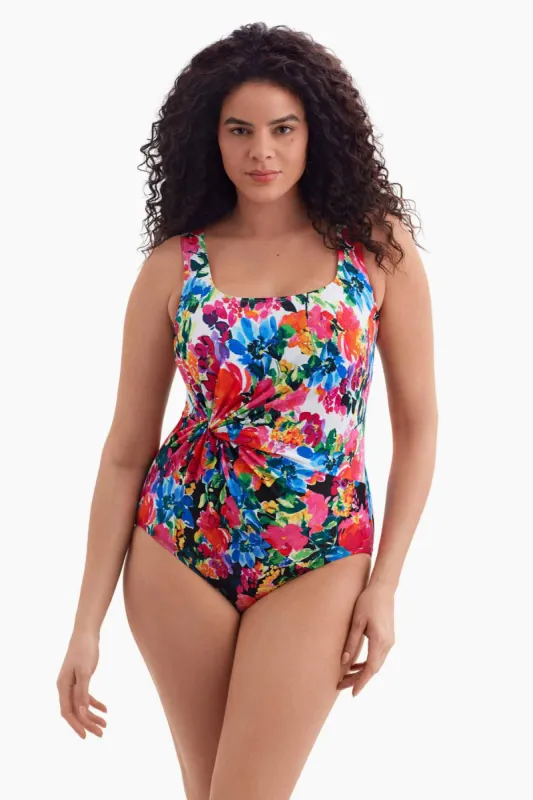 Plus Size Long Torso Twist Draped One Piece - Blooming Bouquet sold by Longitude
